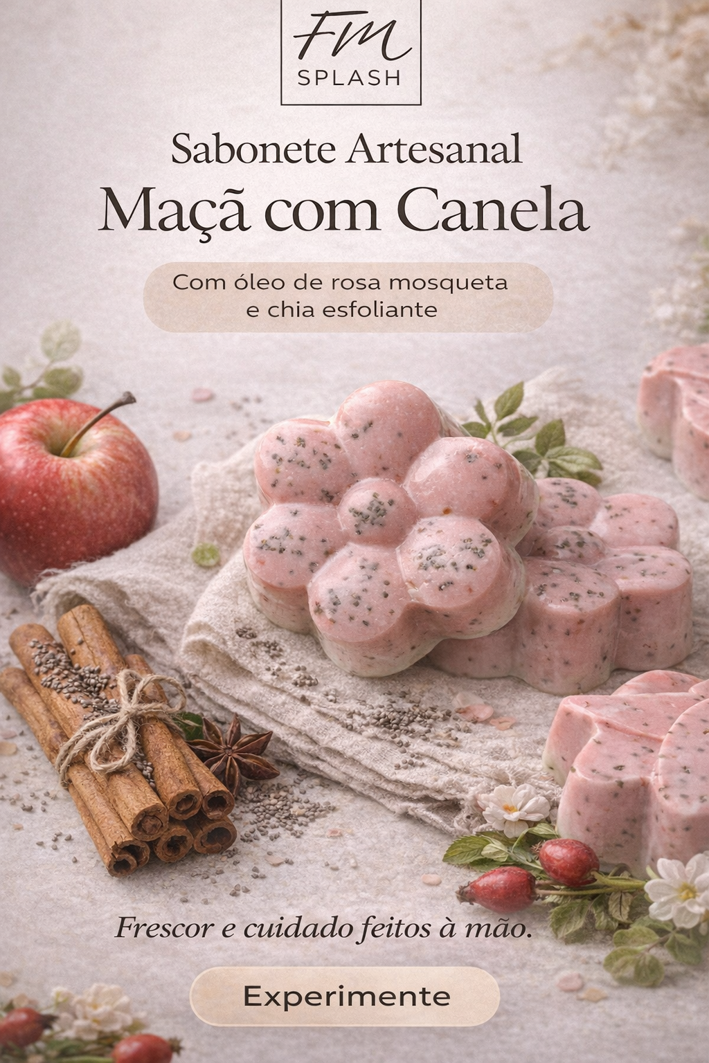 Sabonete Maçã com Canela Transforme seu banho em um momento de cuidado e bem-estar com esse sabonete artesanal feito à mão. Com fragrância envolvente de maçã com canela, proporciona uma sensação aconchegante e relaxante. Enriquecido com óleo de rosa mosqueta, auxilia na nutrição e maciez da pele, enquanto as sementes de chia promovem uma esfoliação suave, ajudando na renovação da pele. Sua base glicerinada limpa delicadamente sem ressecar, mantendo a hidratação natural. ✨ Benefícios: • Hidrata e não resseca • Deixa a pele macia e perfumada • Promove esfoliação suave • Auxilia na renovação da pele • Aroma quente e relaxante 🎁 Ideal para uso diário ou para presentear Frescor e cuidado feitos à mão - Foto 1
