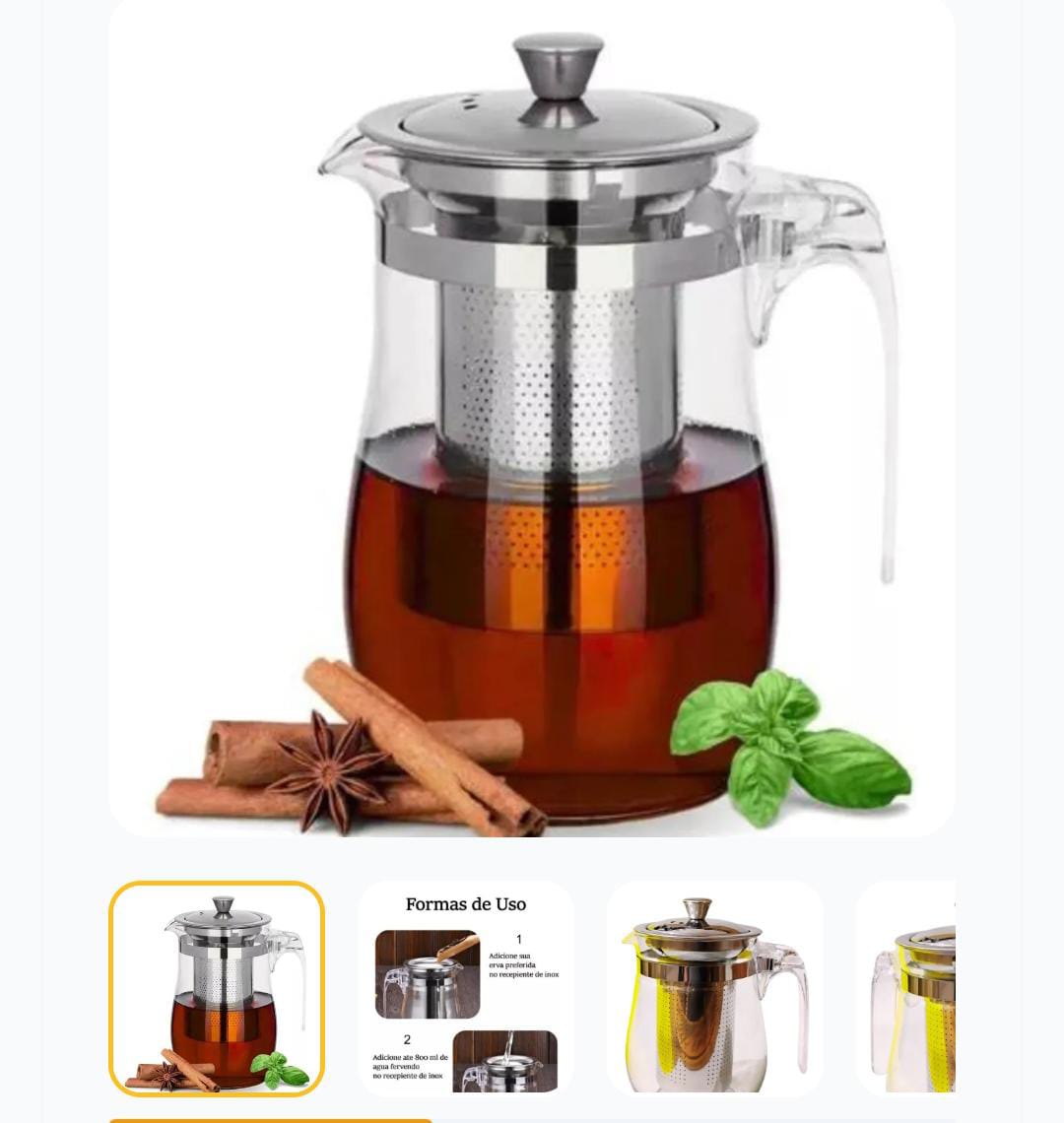 Chaleira De Vidro Com Infusor De Cha Bule Jarra 500ml Vidro